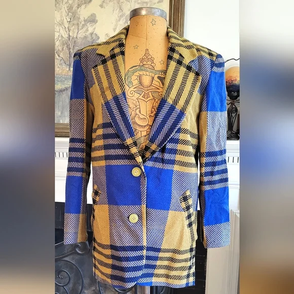 Vintage Diane Von Furstenberg Women's Funky Mod Plaid Wool Blazer Size 6 - Picture 1 of 16